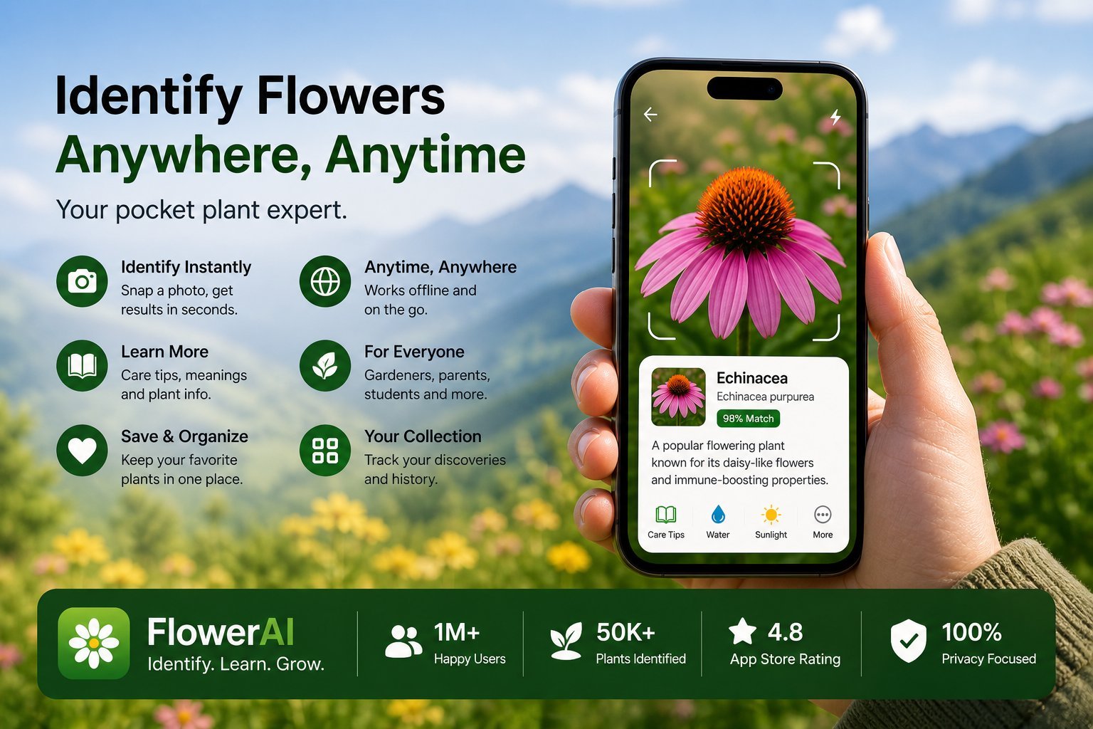 Wildflower identification on a mountain hike with echinacea