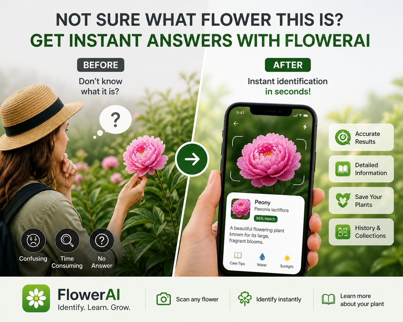 Before and after comparison of flower identification with FlowerAI